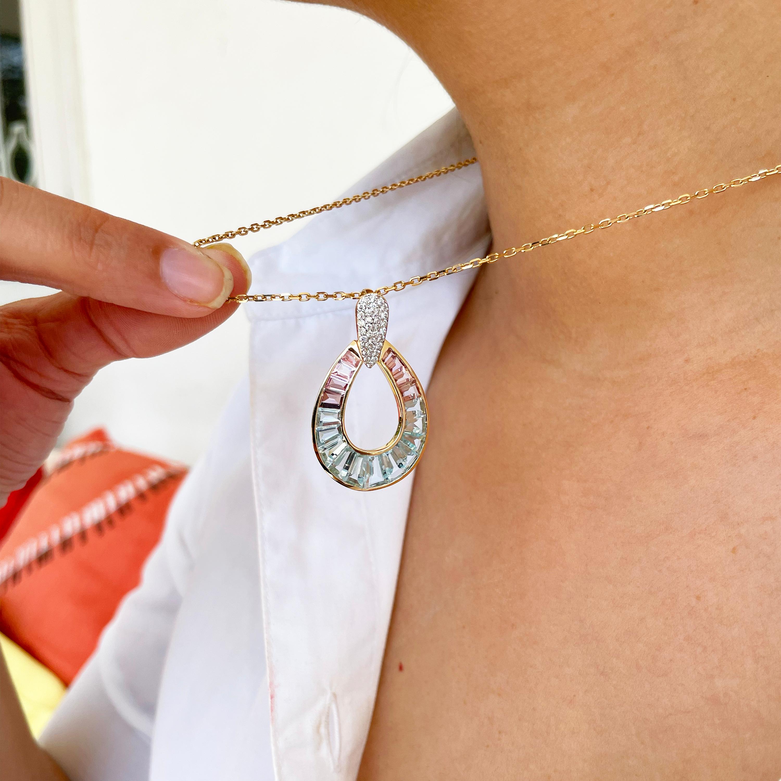 18 Karat Gold Aquamarine Pink Tourmaline Taper Baguette Diamond Pendant Necklace For Sale 2