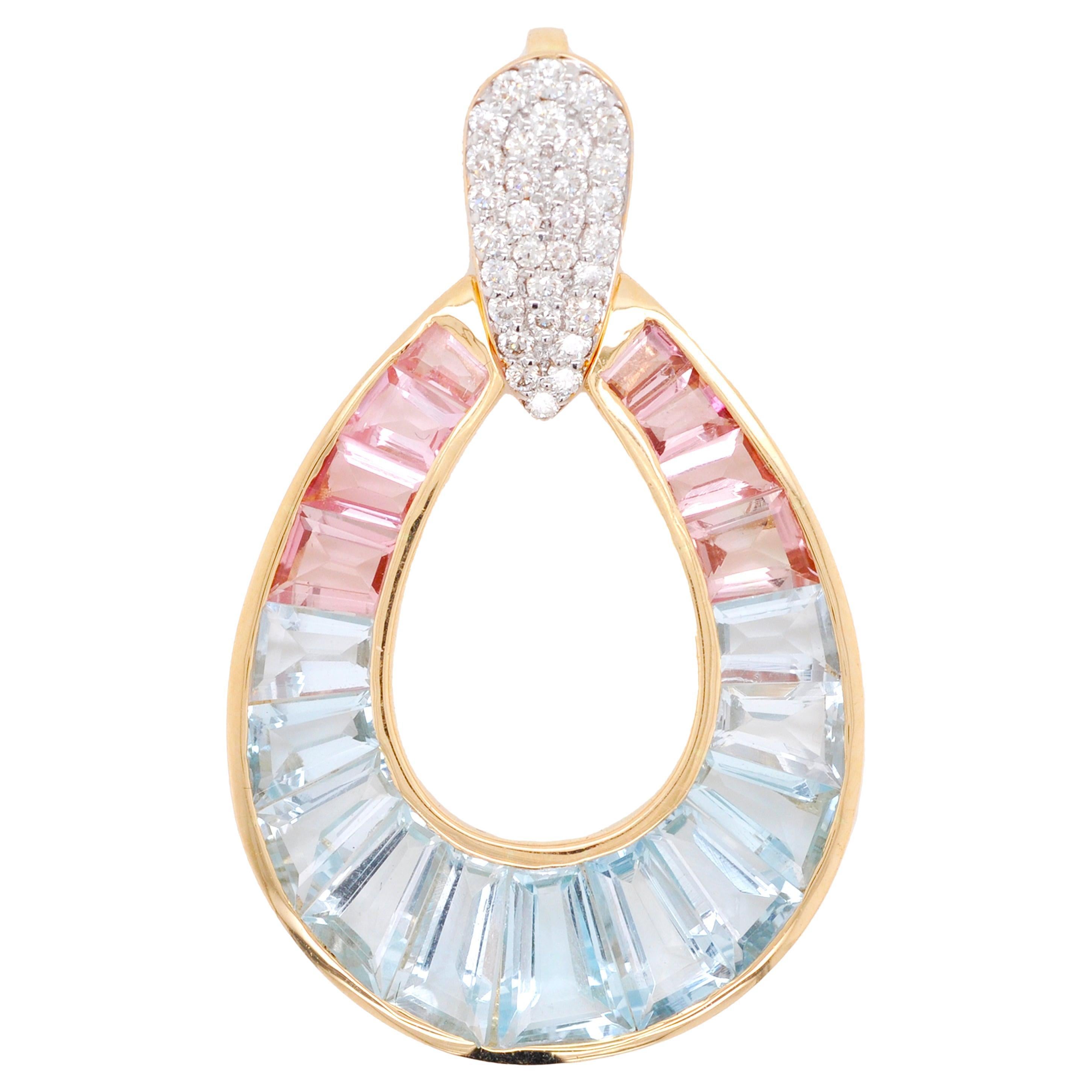 18 Karat Gold Aquamarine Pink Tourmaline Taper Baguette Diamond Pendant Necklace For Sale