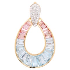 Collier pendentif en or 18 carats avec aigue-marine, tourmaline rose et diamants taille baguette