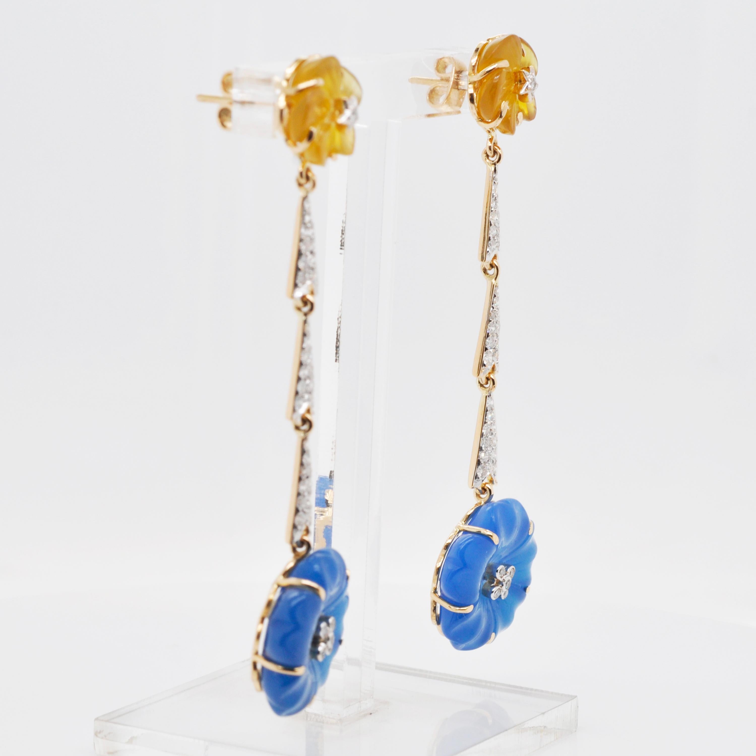 18 Karat Gold Blue Yellow Hand-Carved Chalcedony Flower Diamond Dangler Earrings For Sale 1