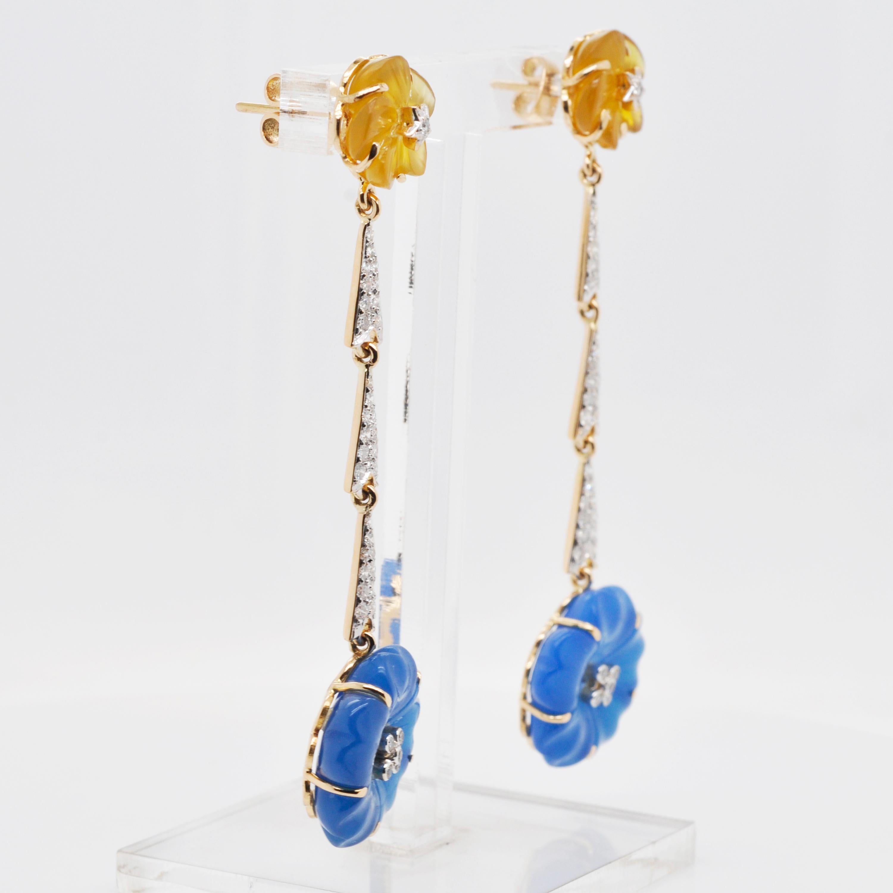 18 Karat Gold Blue Yellow Hand-Carved Chalcedony Flower Diamond Dangler Earrings For Sale 2