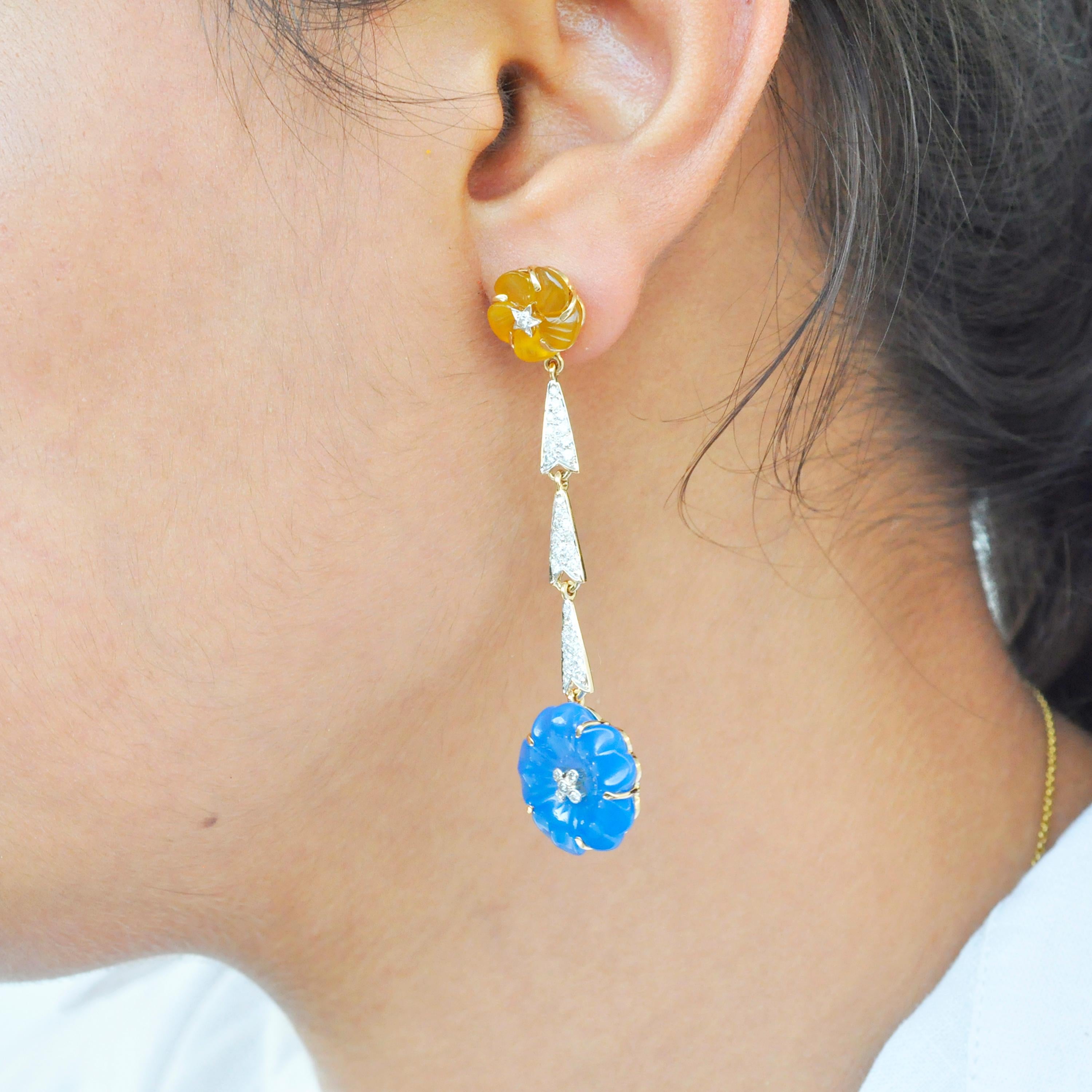 18 Karat Gold Blue Yellow Hand-Carved Chalcedony Flower Diamond Dangler Earrings For Sale 3