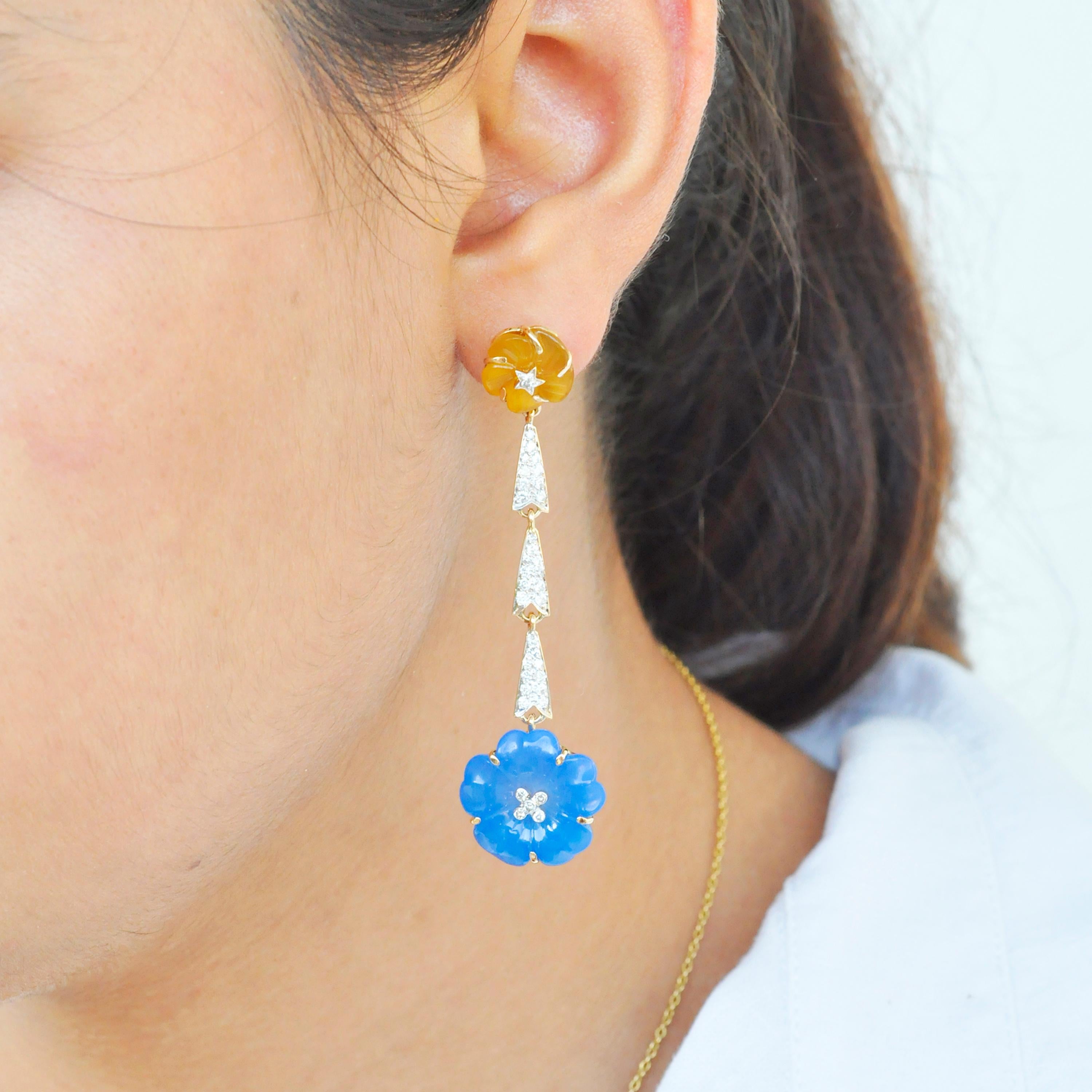 18 Karat Gold Blue Yellow Hand-Carved Chalcedony Flower Diamond Dangler Earrings For Sale 4