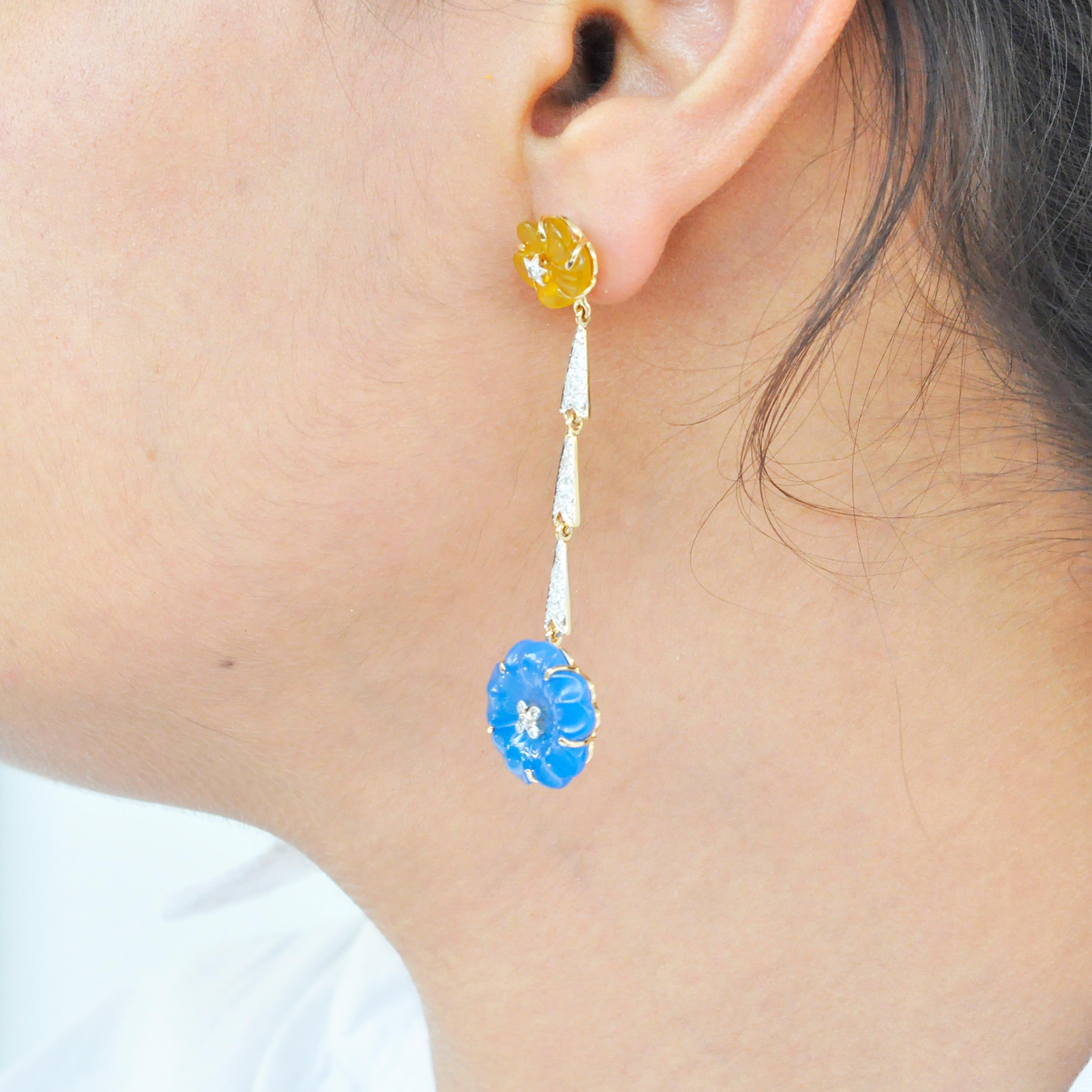 18 Karat Gold Blue Yellow Hand-Carved Chalcedony Flower Diamond Dangler Earrings For Sale 5