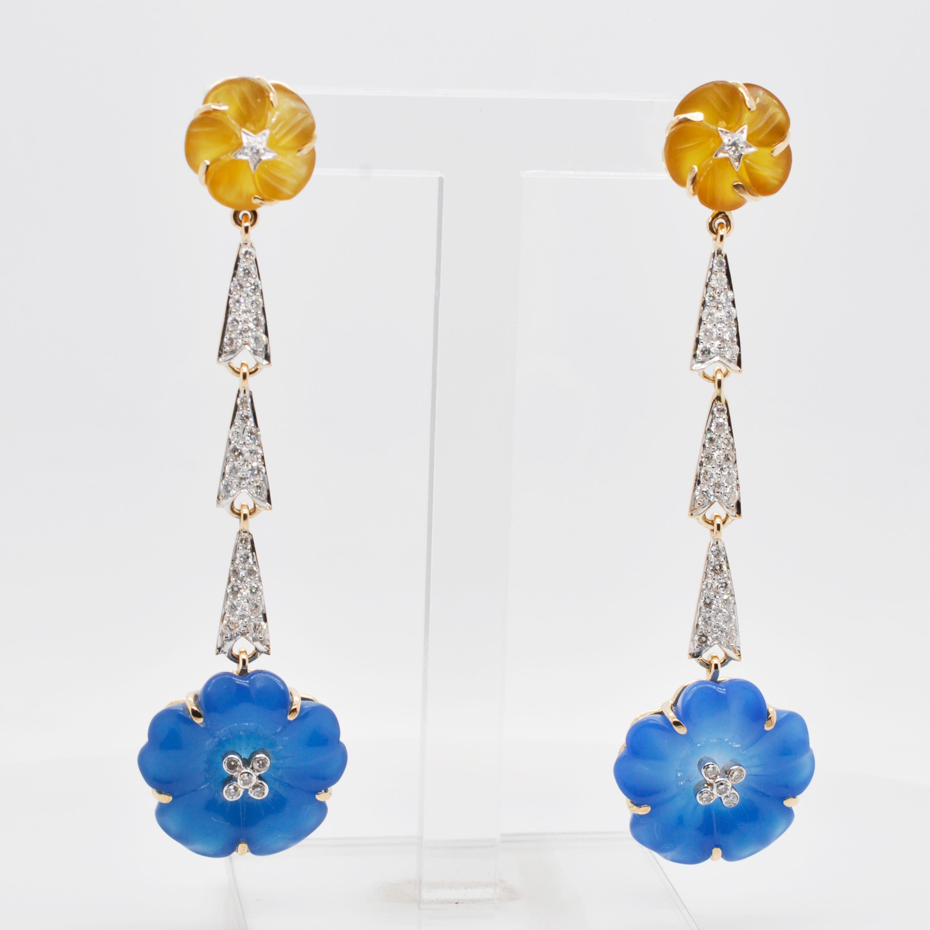 Blue Chalcedony Earring 18k Leaves Hook Dangle Fashion Jewelry Irregular AAA 