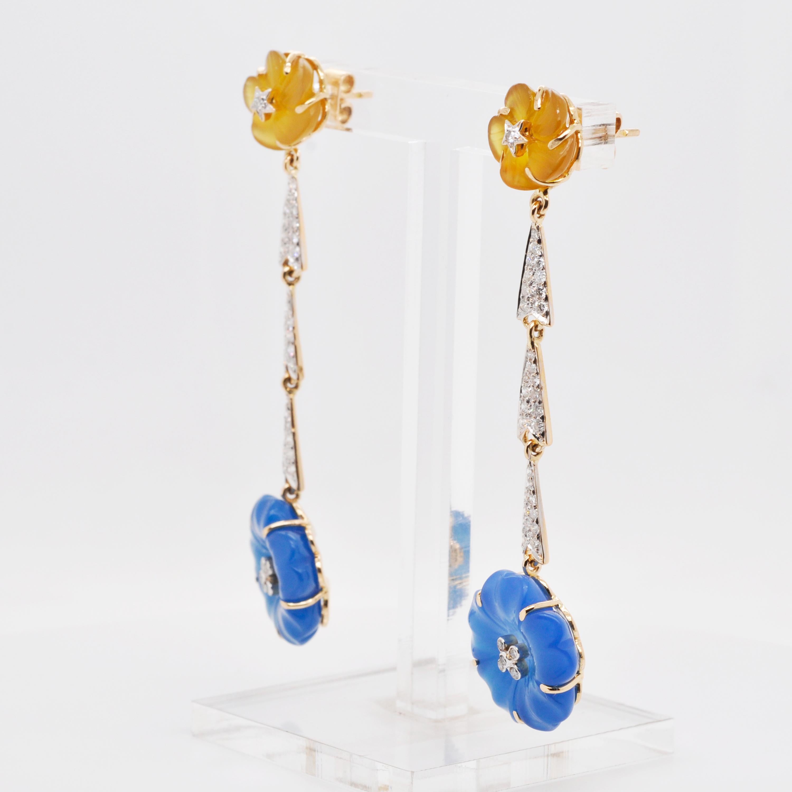 Contemporary 18 Karat Gold Blue Yellow Hand-Carved Chalcedony Flower Diamond Dangler Earrings For Sale