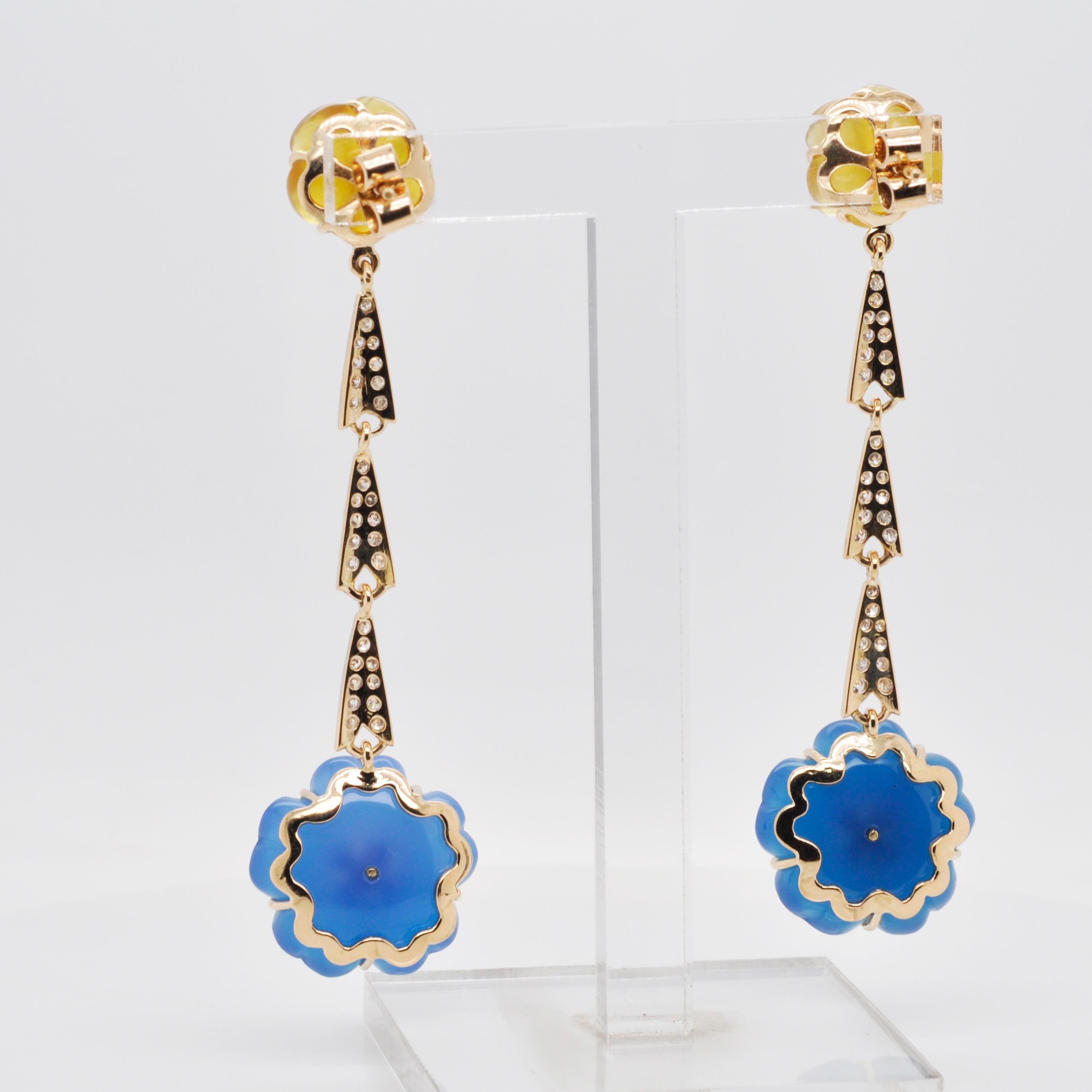Women's 18 Karat Gold Blue Yellow Hand-Carved Chalcedony Flower Diamond Dangler Earrings For Sale