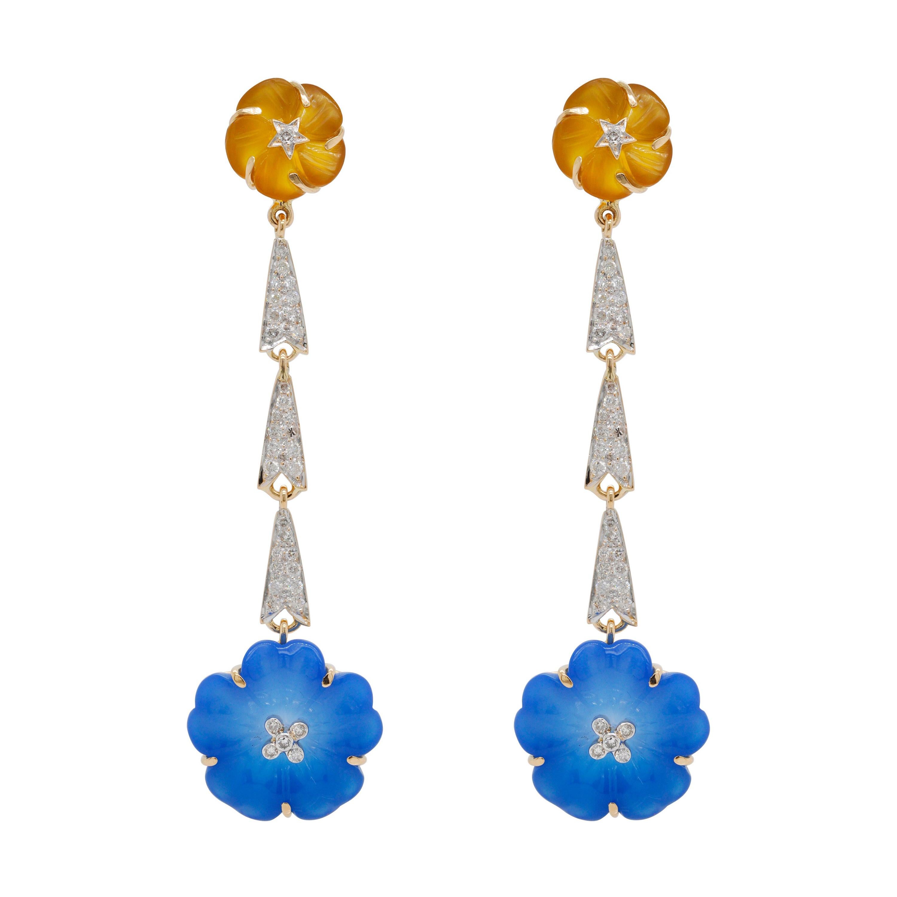 18 Karat Gold Blue Yellow Hand-Carved Chalcedony Flower Diamond Dangler Earrings For Sale