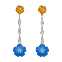 18 Karat Gold Blue Yellow Hand-Carved Chalcedony Flower Diamond Dangler Earrings