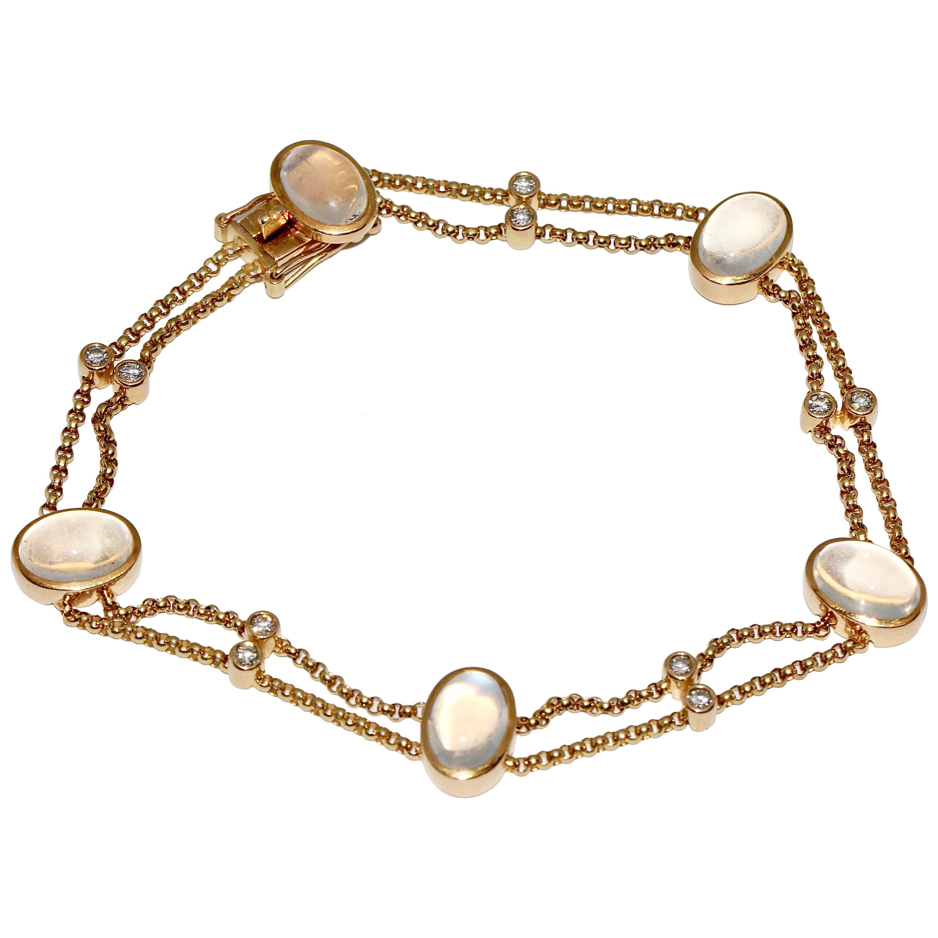 18 Karat Gold Bracelet by Lüth Luth Bijoux, Set with Moonstones and Diamonds