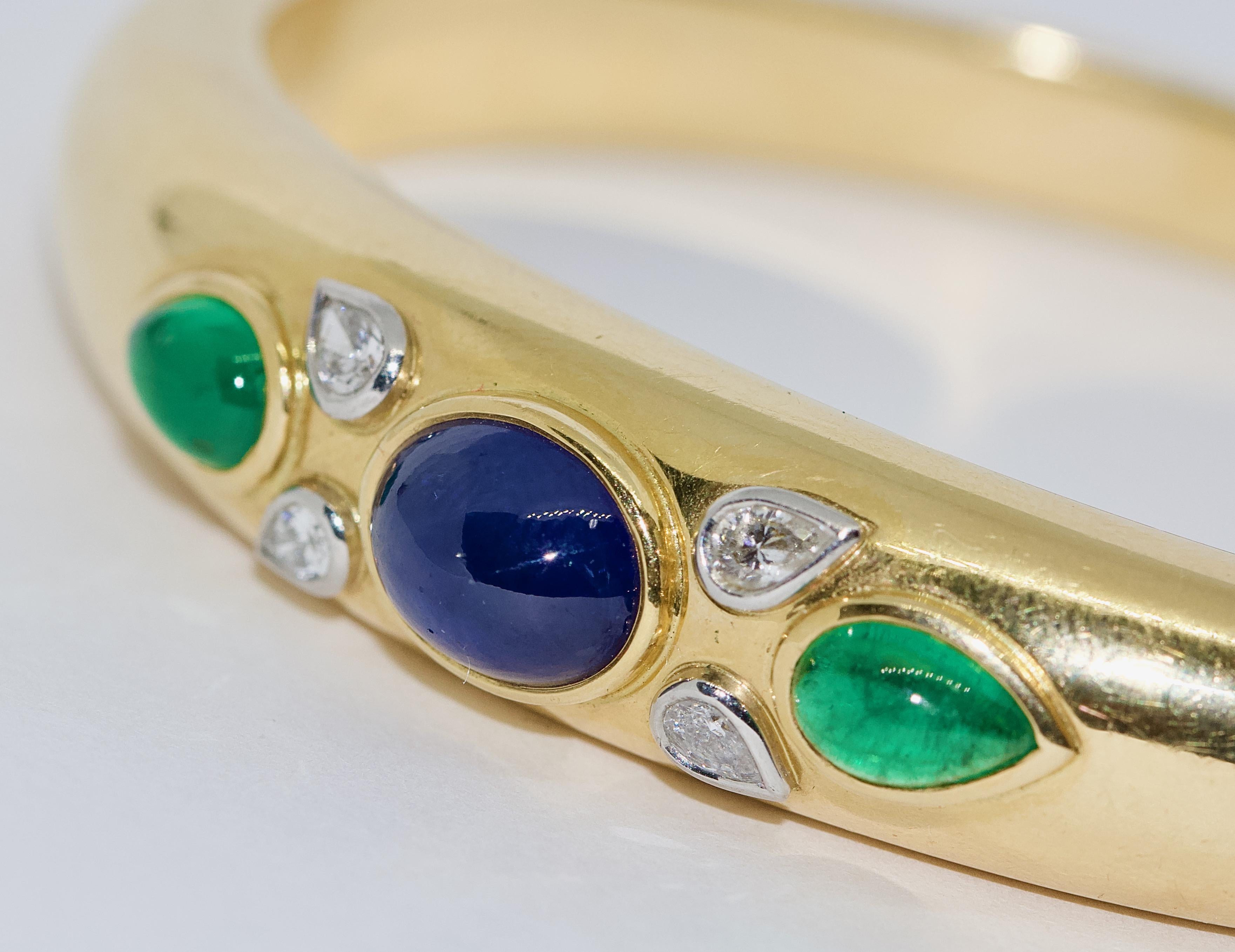 Modern 18 Karat Gold Bangle, Bracelet with Pear cut Diamonds, Sapphire and Emeralds For Sale