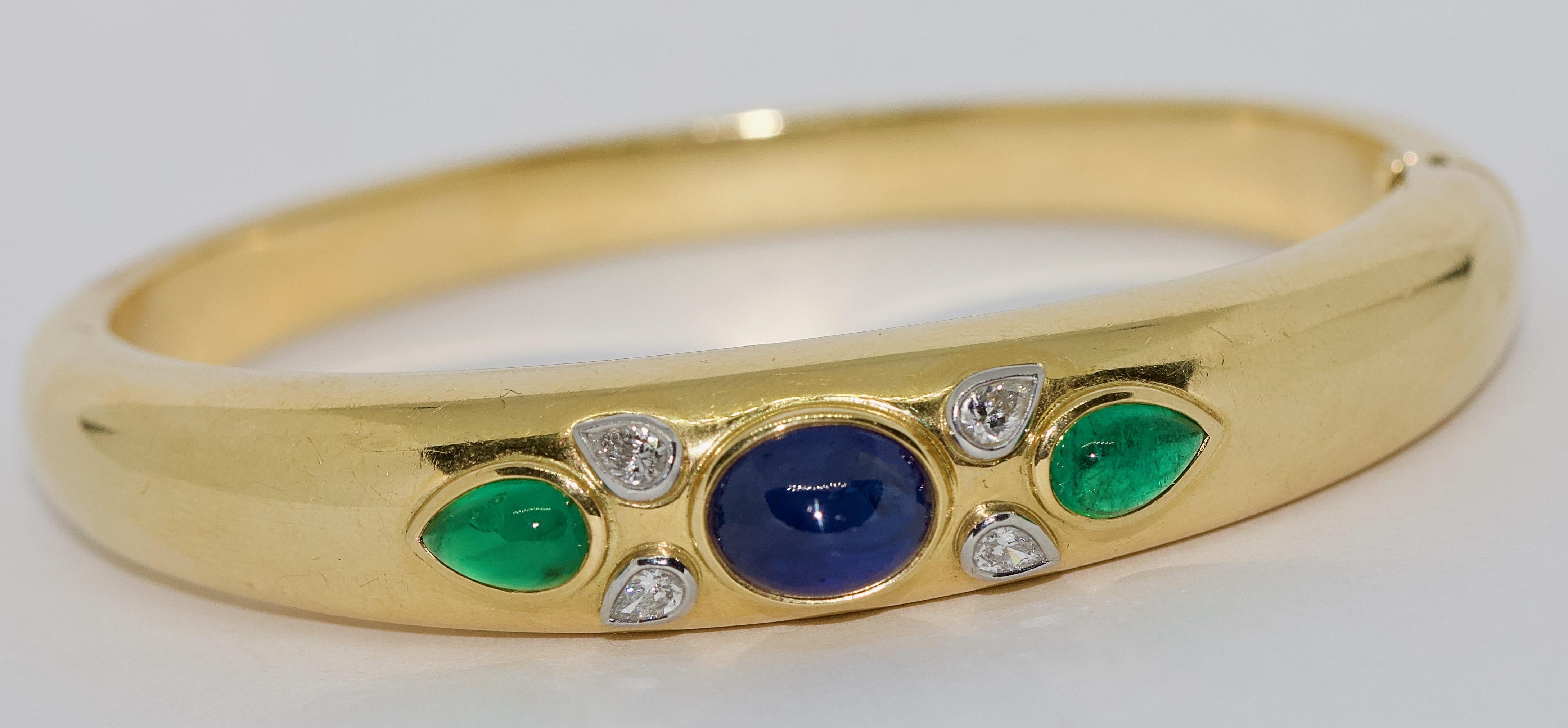 Pear Cut 18 Karat Gold Bangle, Bracelet with Pear cut Diamonds, Sapphire and Emeralds For Sale