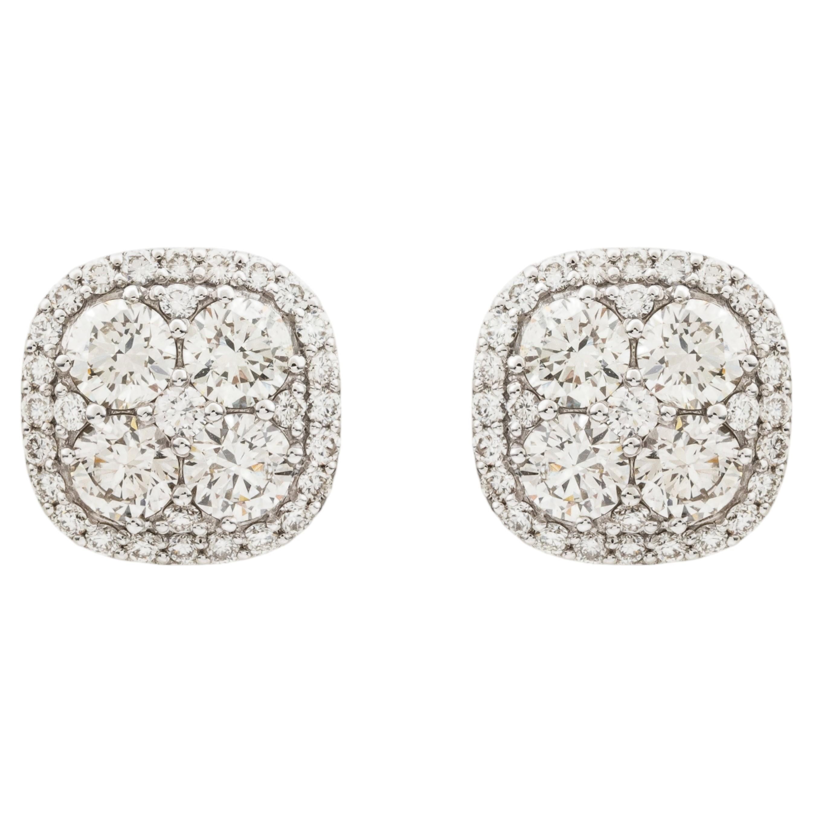 18 Karat Gold Brilliant Cut Diamond Cushion Double Halo Cluster Stud Earrings