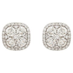 18 Karat Gold Brilliant Cut Diamond Cushion Double Halo Cluster Stud Earrings