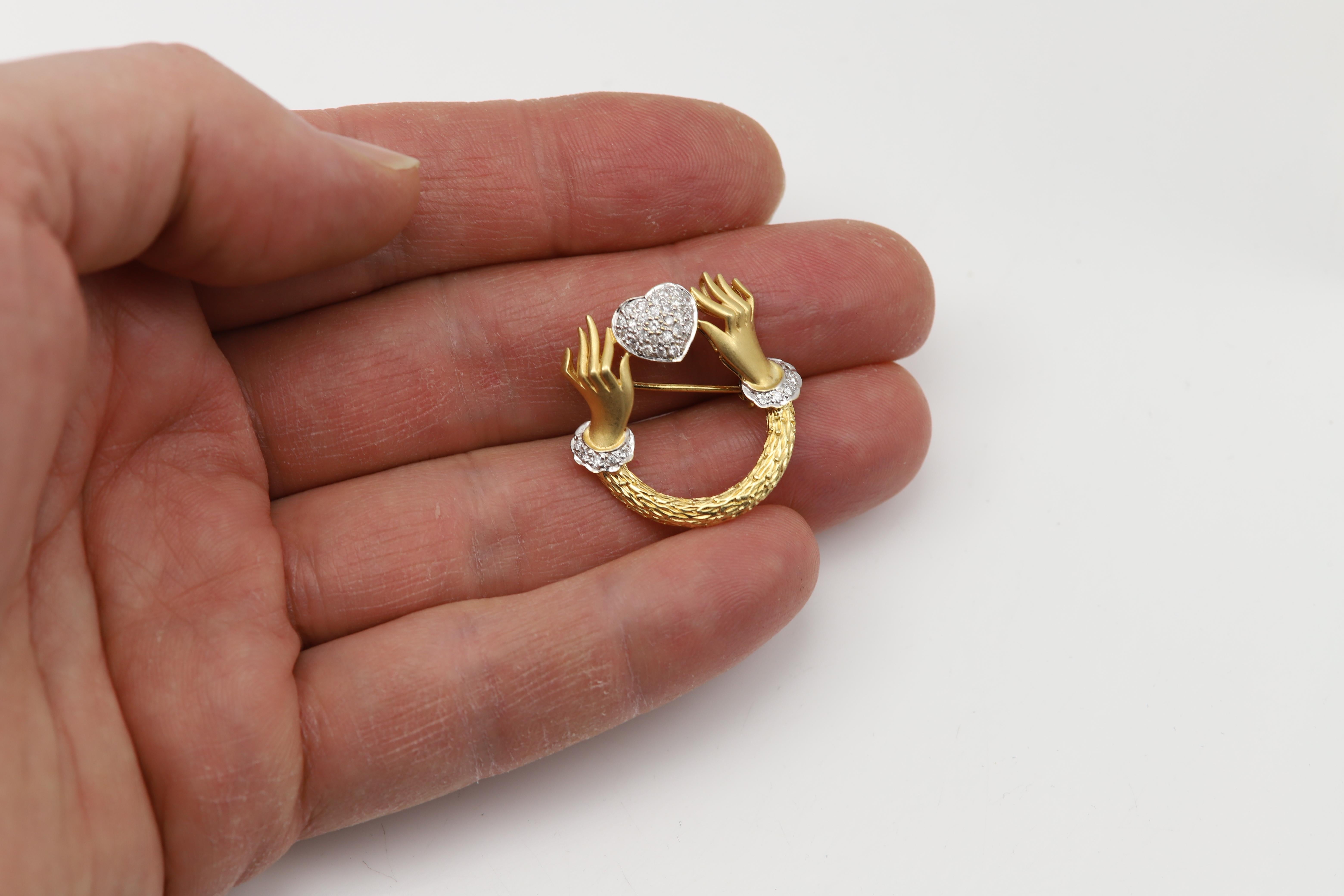 Round Cut 18 Karat Gold Brooch Pin Circa 1960 Love Heart Hands Brooch Pin Love Heart Pin For Sale