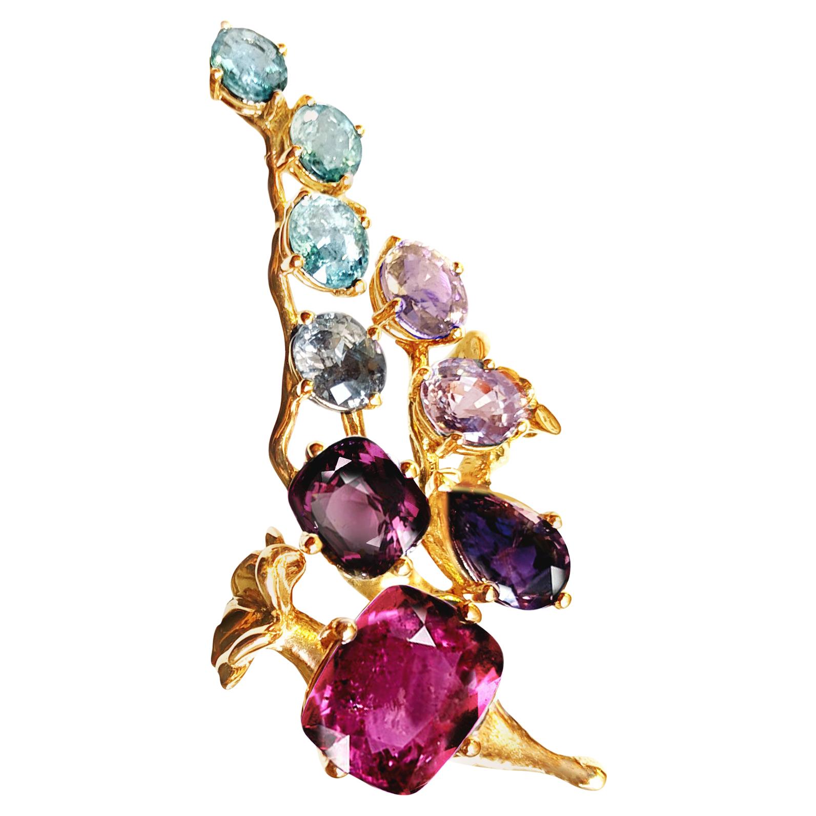 18 Karat Gold Cluster Brooch with 14 Carat Sapphires and Paraiba Tourmalines For Sale