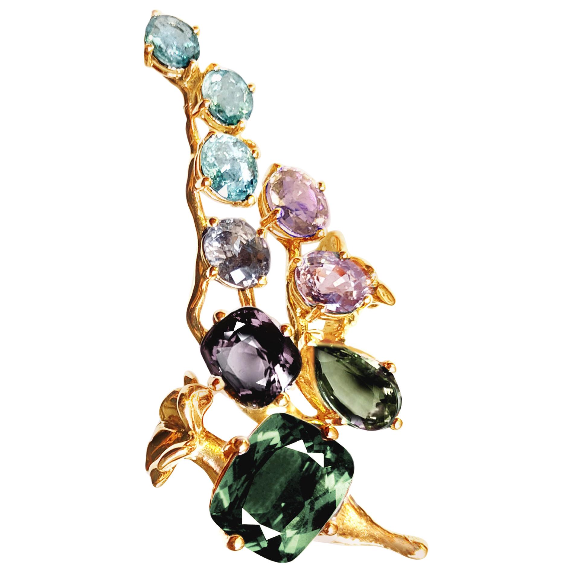 Eighteen Karat Gold Sapphires Brooch with Spinel and Paraiba Tourmalines For Sale
