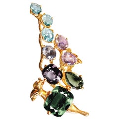 Eighteen Karat Gold Sapphires Brooch with Spinel and Paraiba Tourmalines