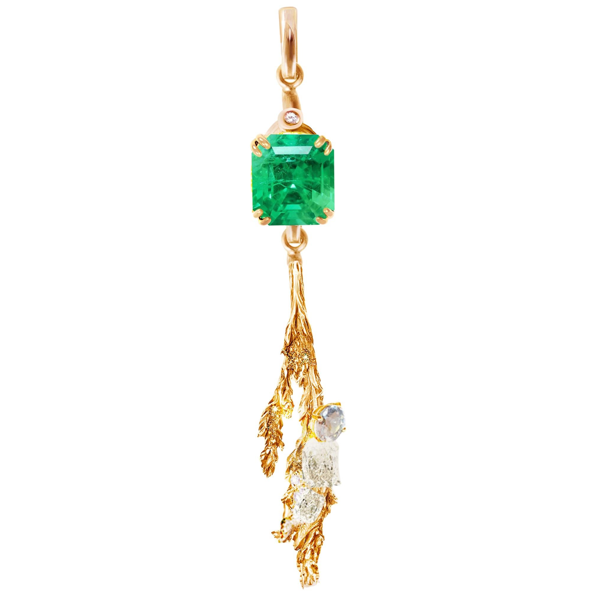 Rose Gold SSEF Certified Emerald Brooch with Diamonds and Sapphire For Sale