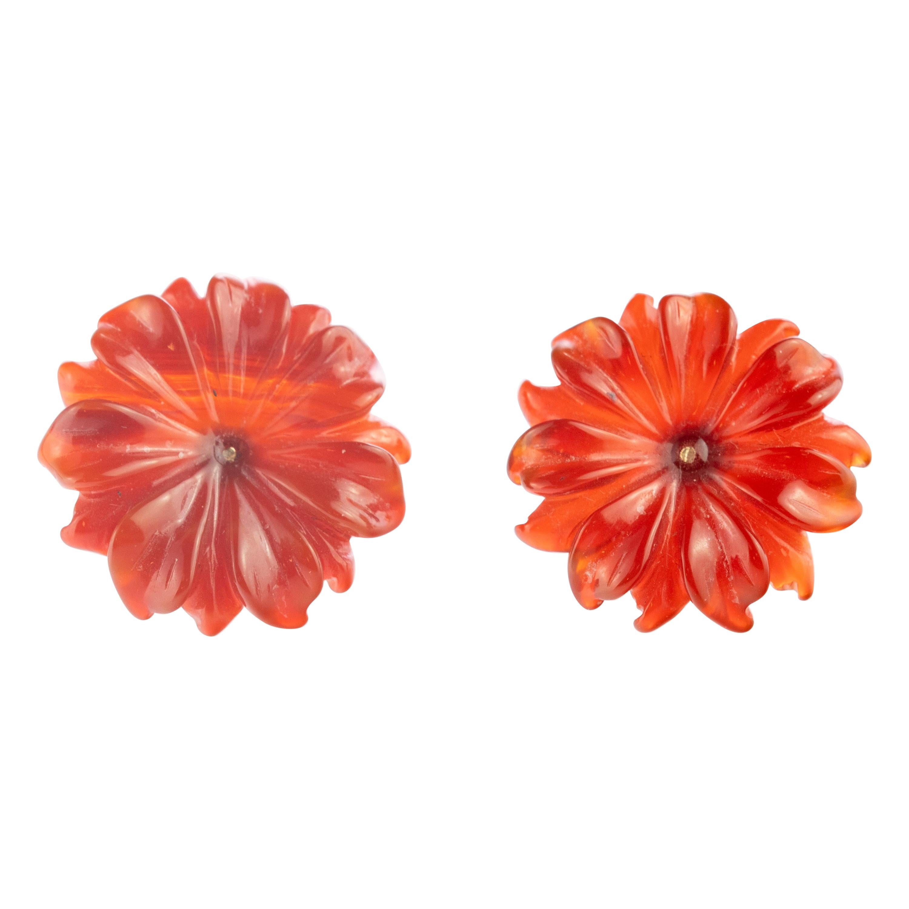 Pendientes de Oro de 18 Kilates Flor de Ágata Marrón Dalia Tallados a Mano en Italia