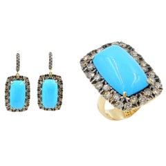 18 Karat Gold Brown Diamonds and Turquoise Garavelli Earrings and Ring Set
