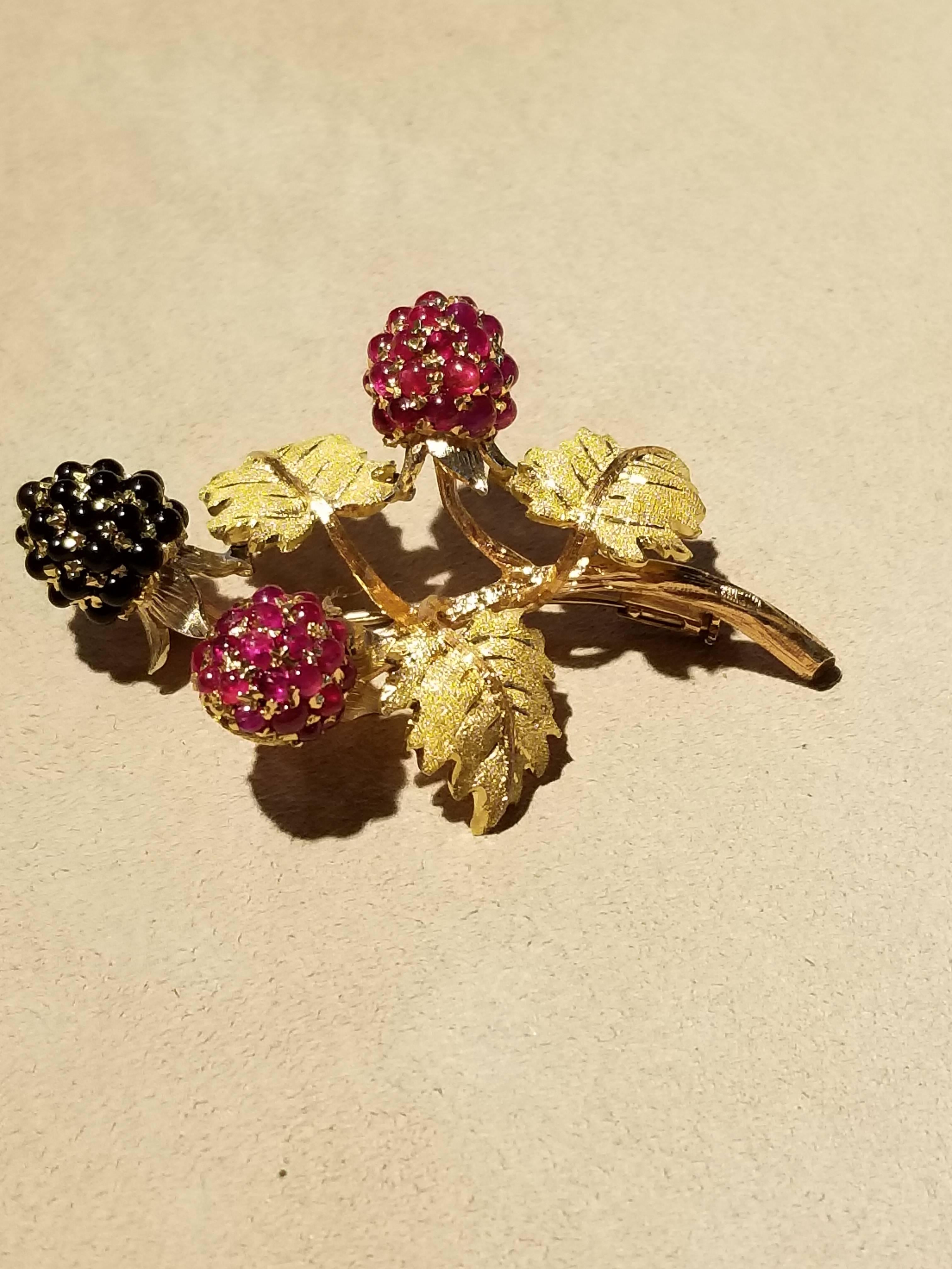 18K Gold Buccellati Ruby and Onyx Berry Brooch.
