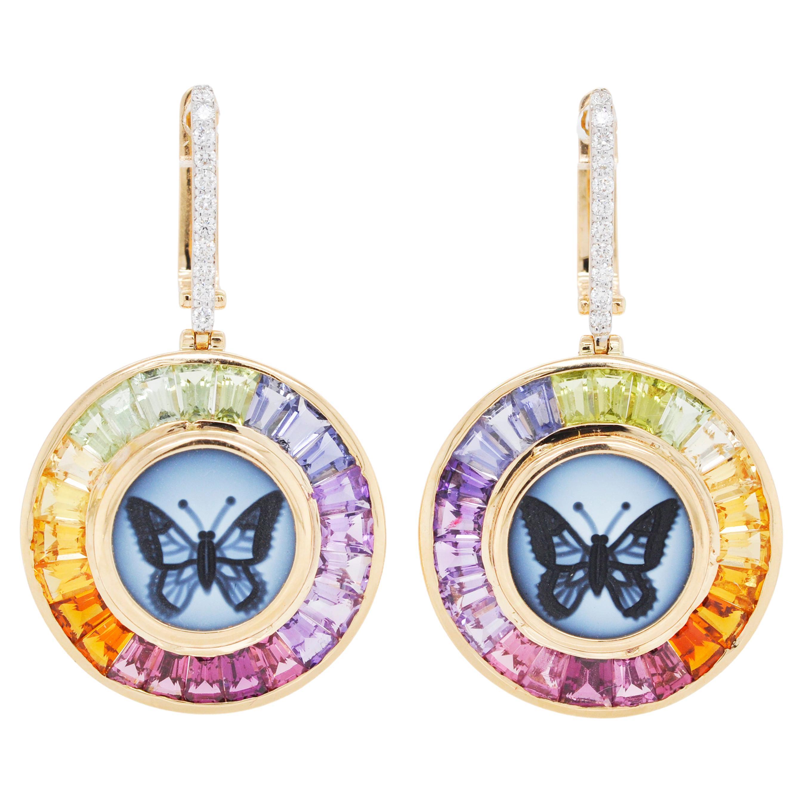 18 Karat Gold Butterfly Intaglio Multicolor Rainbow Baguette Circle Earrings