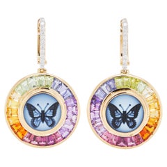 18 Karat Gold Butterfly Intaglio Multicolor Rainbow Baguette Circle Earrings