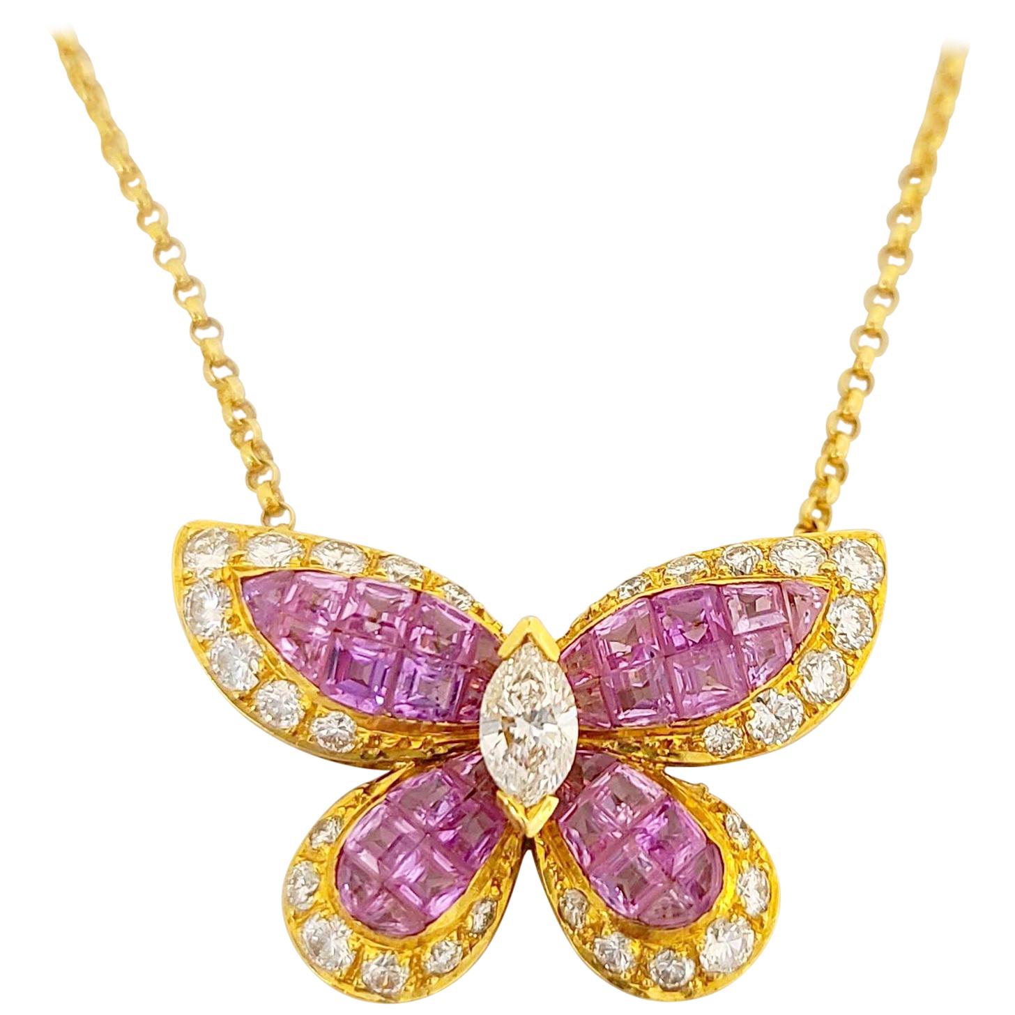 18 Karat Gold Butterfly Pendant Invisibly Set with 5.53 Carat Pink Sapphires For Sale