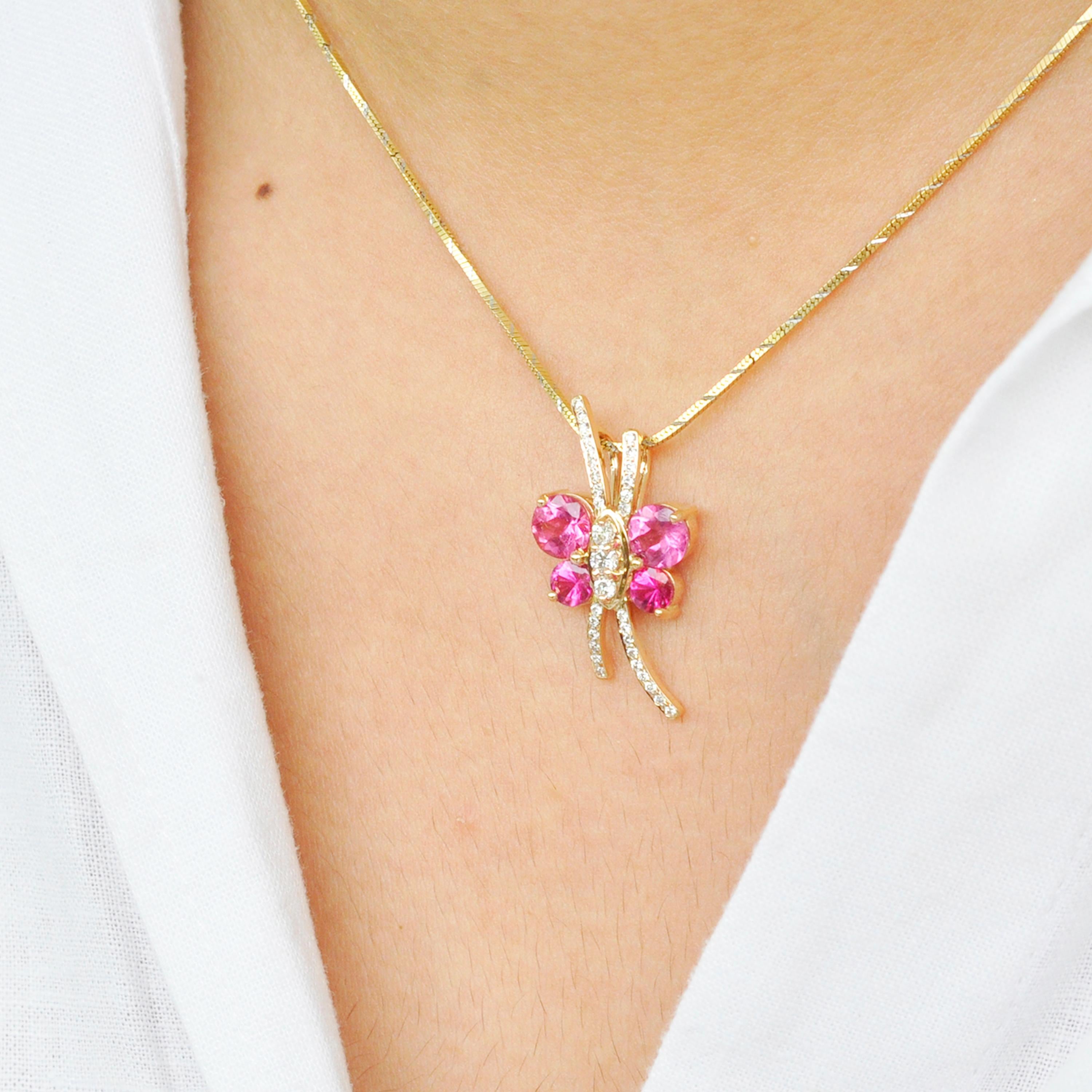 18 Karat Gold Butterfly Shaped Pink Tourmaline Diamond Pendant Necklace For Sale 4