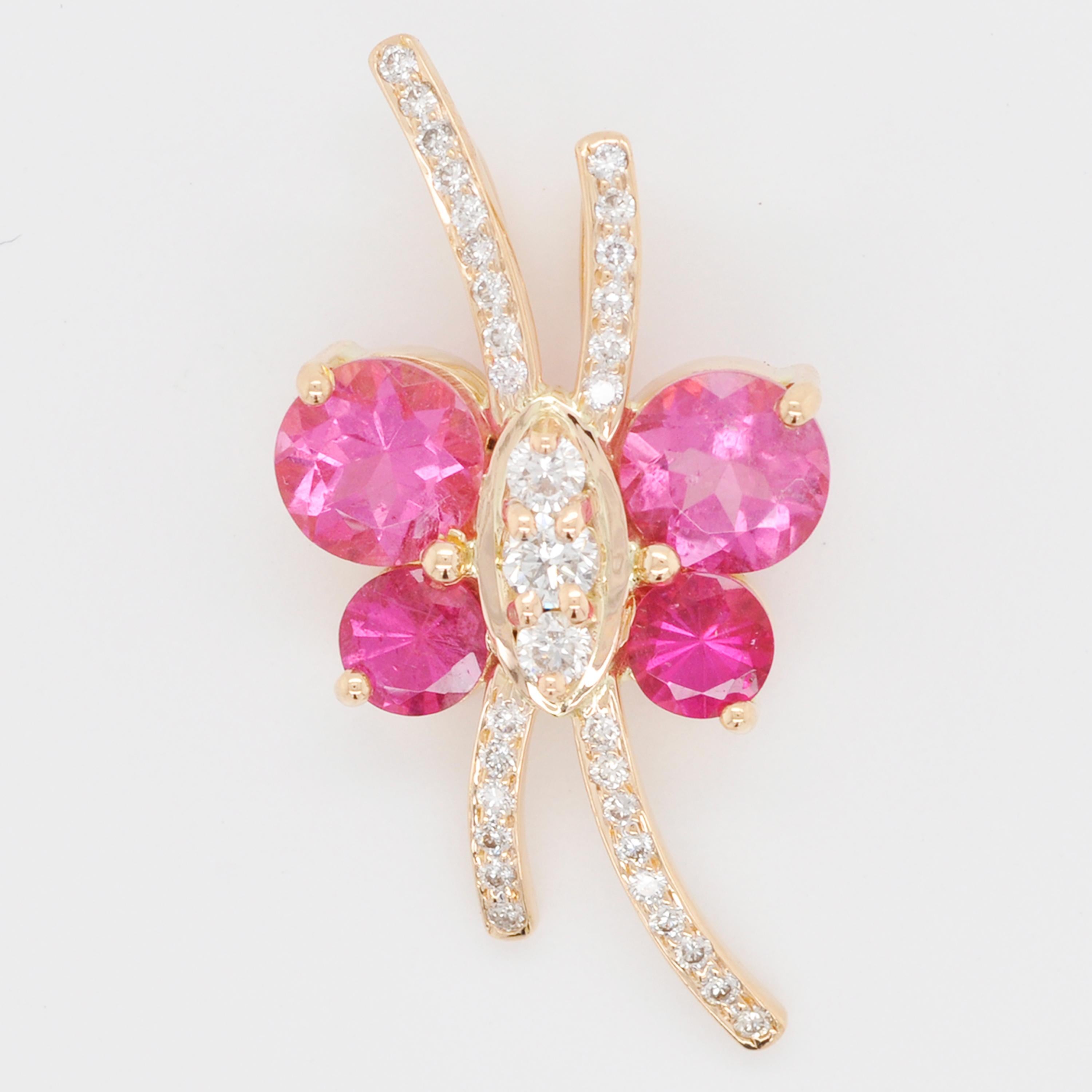 Round Cut 18 Karat Gold Butterfly Shaped Pink Tourmaline Diamond Pendant Necklace For Sale