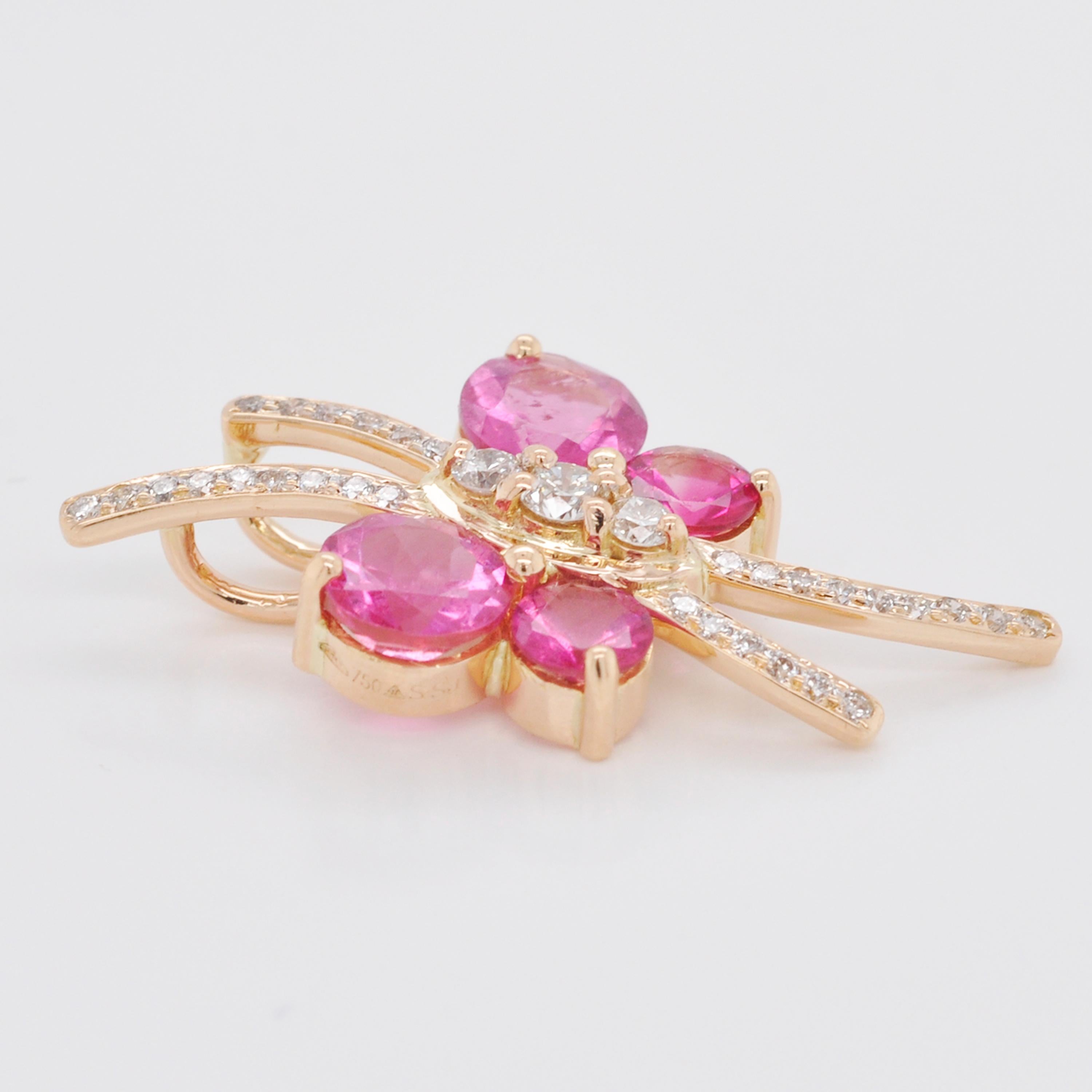 Women's 18 Karat Gold Butterfly Shaped Pink Tourmaline Diamond Pendant Necklace For Sale