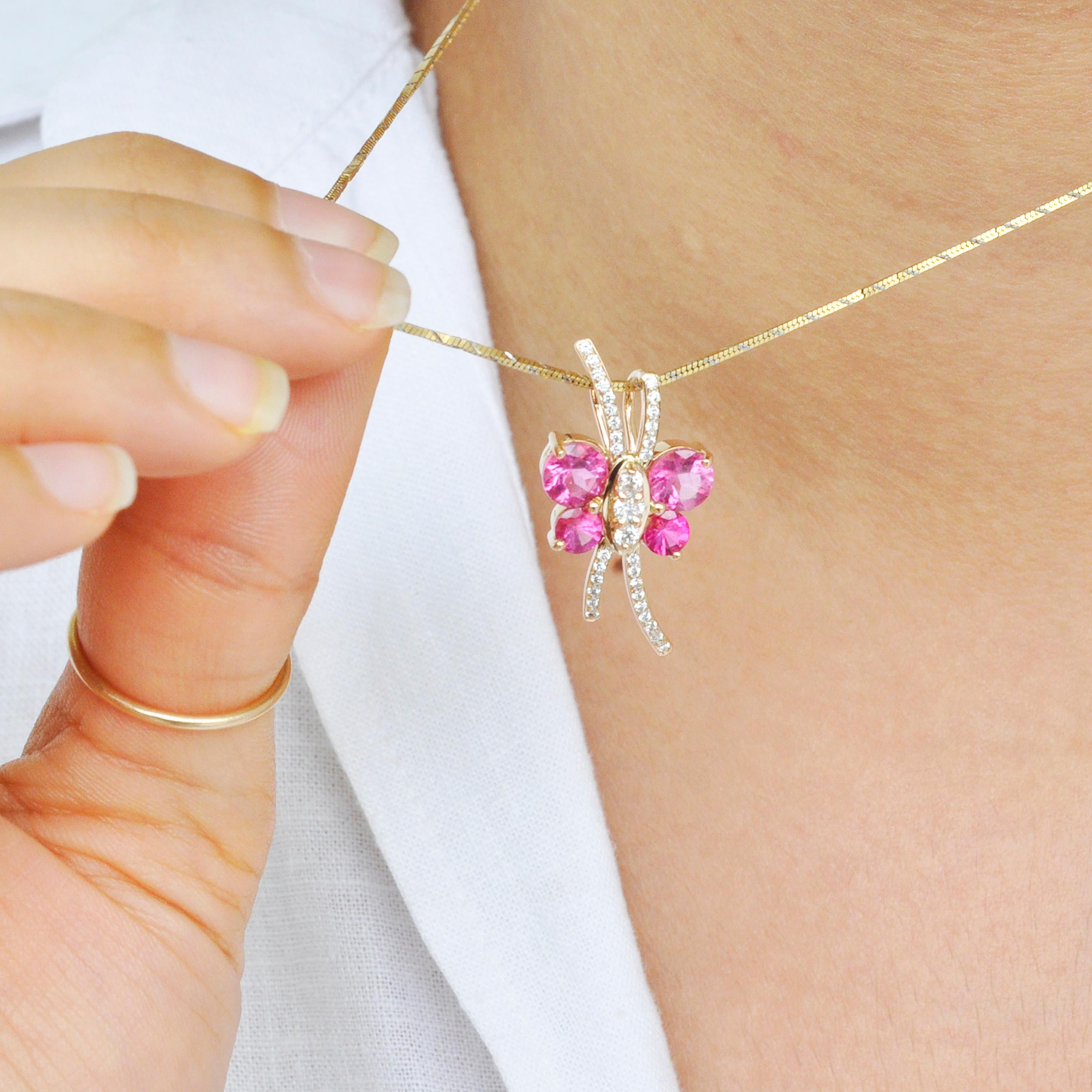 18 Karat Gold Butterfly Shaped Pink Tourmaline Diamond Pendant Necklace For Sale 3
