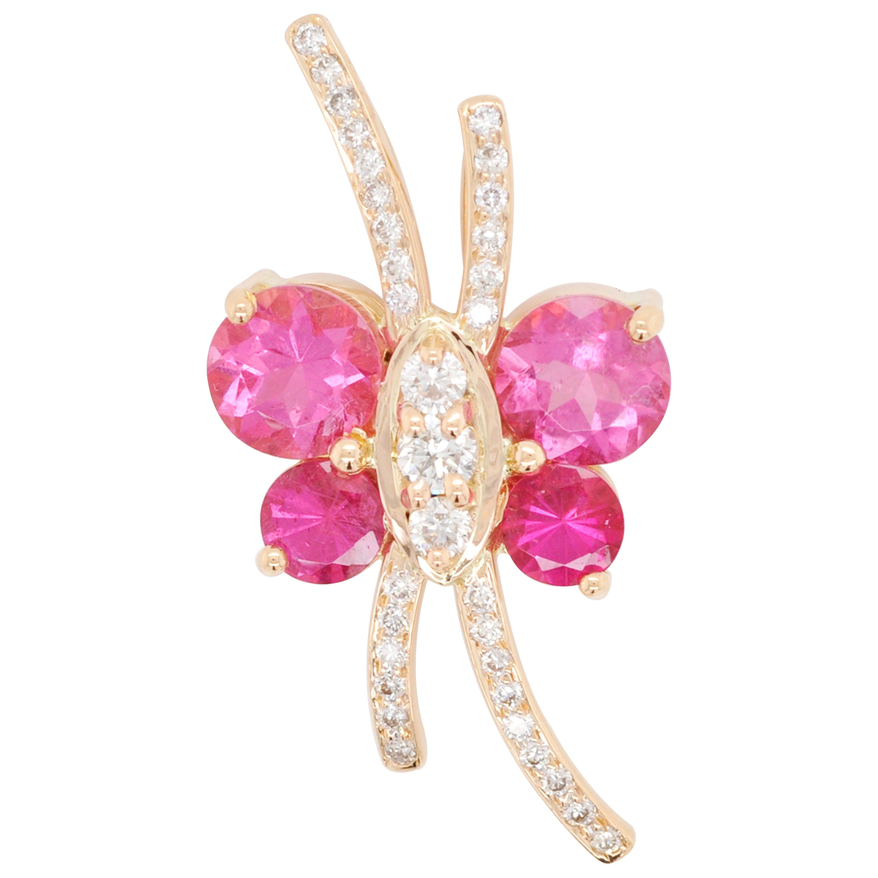 18 Karat Gold Butterfly Shaped Pink Tourmaline Diamond Pendant Necklace For Sale