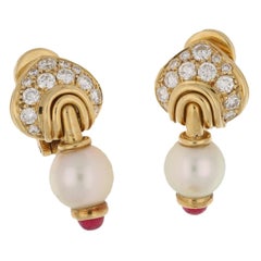 18 Karat Gold Bvlgari Diamond Ruby Pearl Earrings
