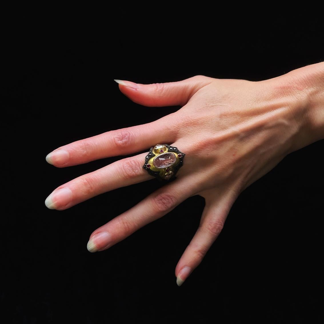 Byzantine 18Kt Yellow Gold Ring, Blackened Silver, Kunzite, Rubies, White & Black Diamonds For Sale