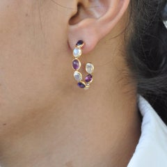 18 Karat Gold Cabochon Amethyst Rainbow Moonstone Hoop Earrings