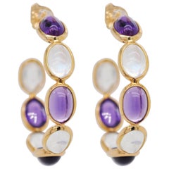 18 Karat Gold Cabochon Amethyst Rainbow Moonstone Hoop Earrings