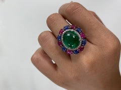 18 Karat Gold Cabochon Emerald, Carved Ruby and Blue Sapphire Cocktail Ring