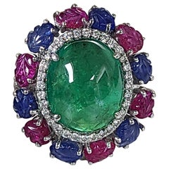 18 Karat Gold Cabochon Emerald, Carved Ruby and Blue Sapphire Cocktail Ring