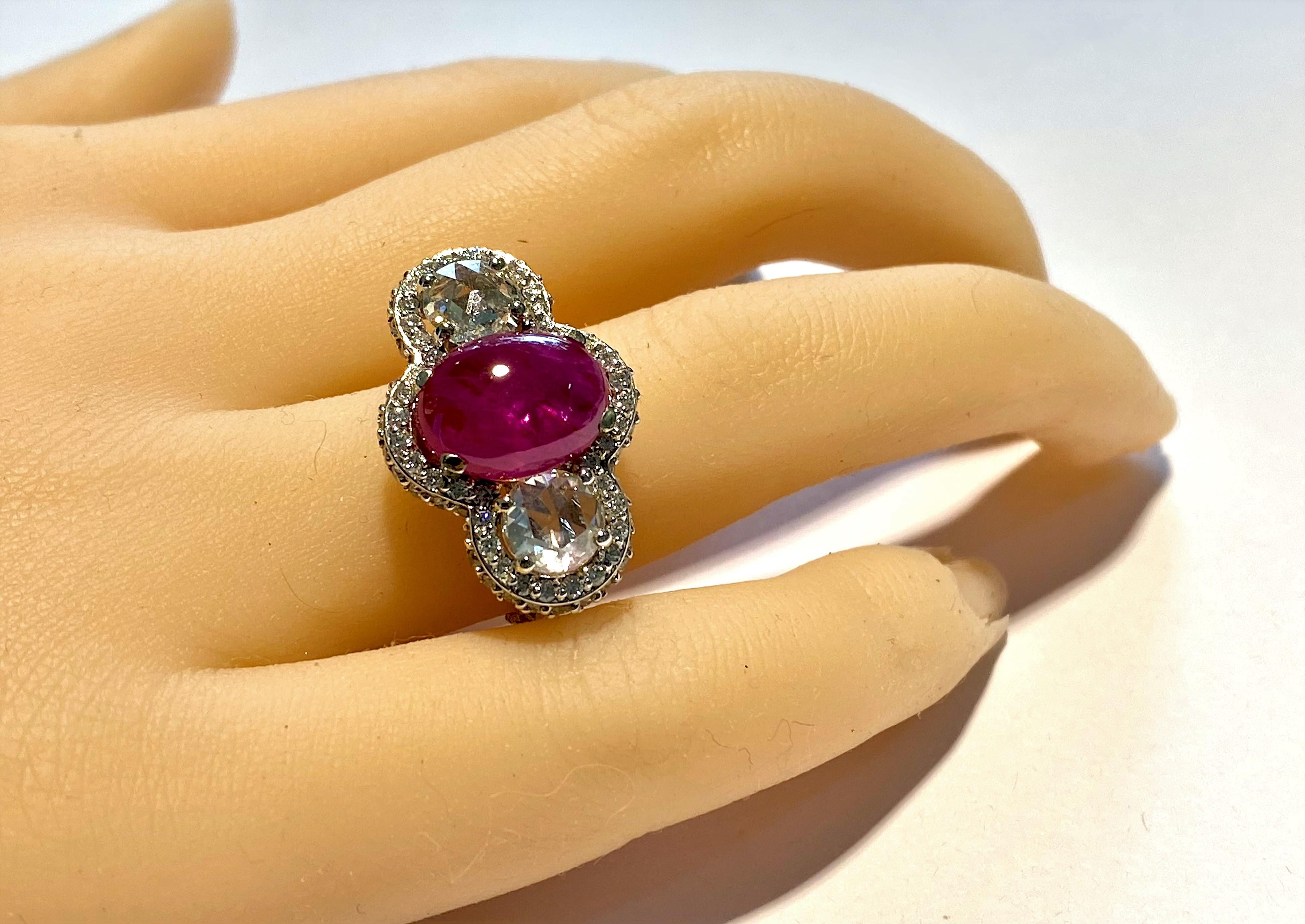 Oval Cut 18 Karat Gold Cabochon Ruby Diamond Cocktail Ring Weighing 8.85 Carat