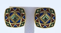 18 Karat Gold, Cabochon Tourmaline and Enamel Clip-On Earrings