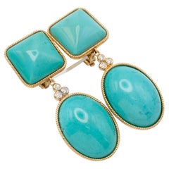18 Karat Gold Cabochon Turquoise and Diamond Drop Earrings
