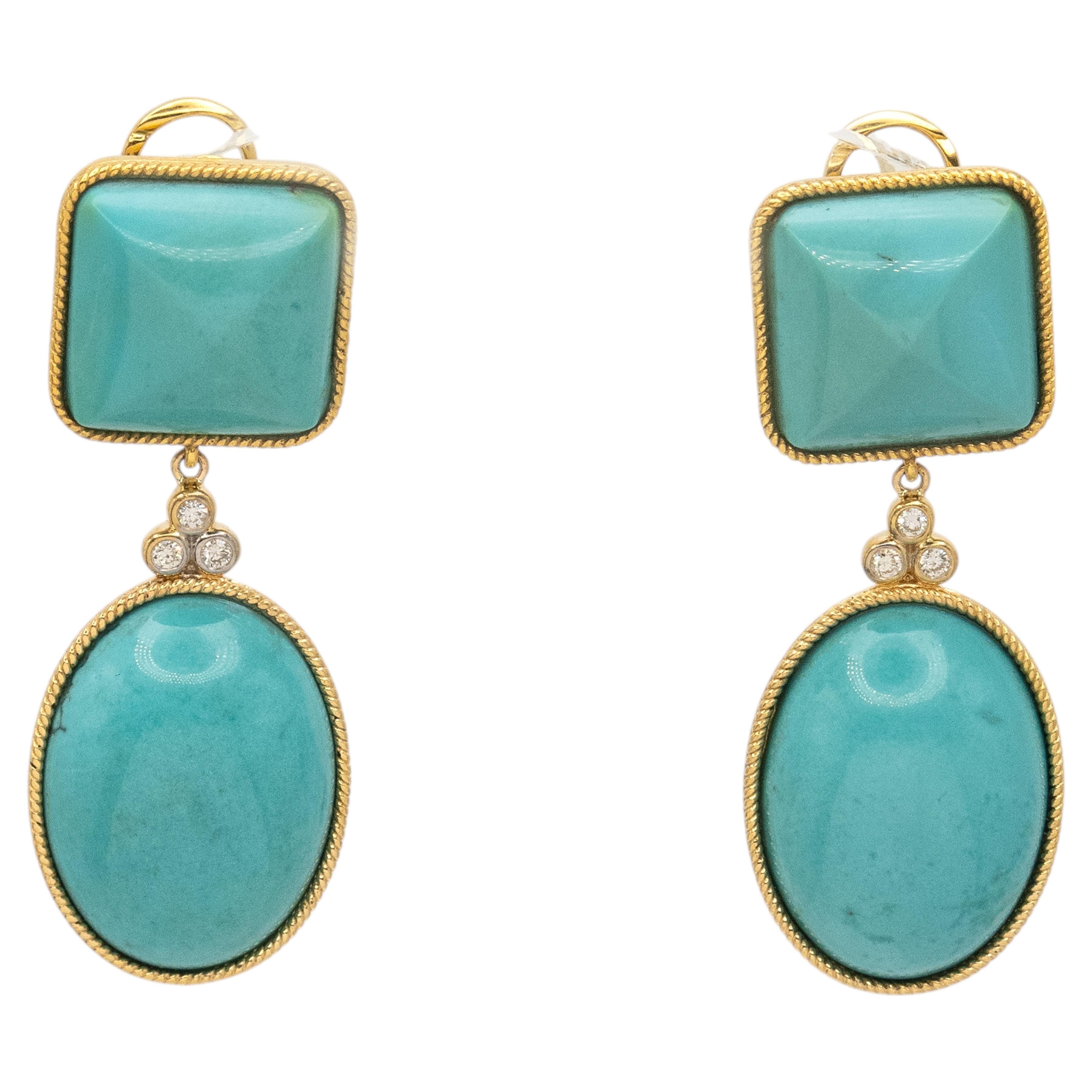 Orecchini pendenti in oro 18 carati con turchese cabochon e diamanti