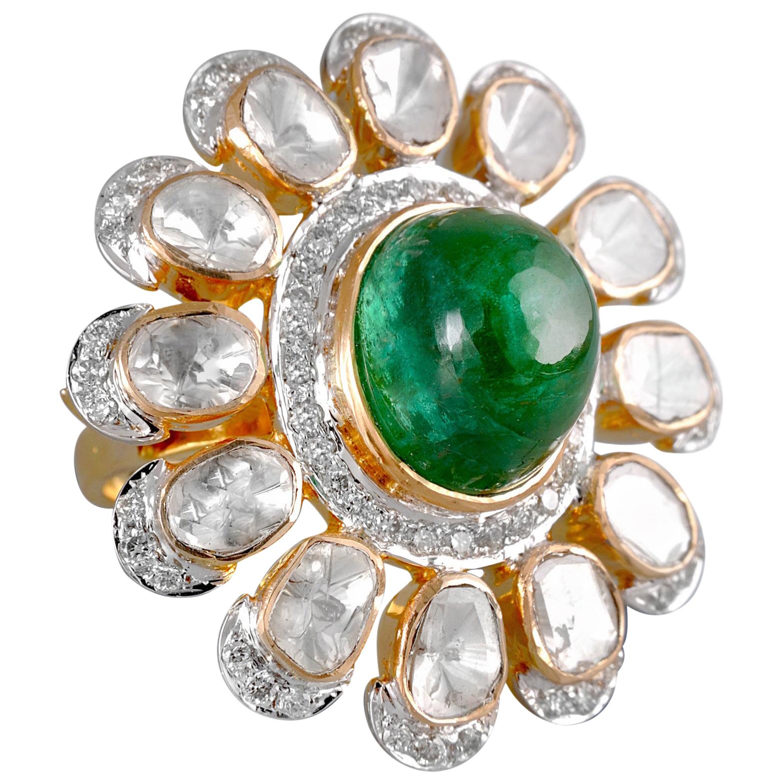 18 Karat Gold, Cabochon Zambian Emerald and Uncut Diamond Ring