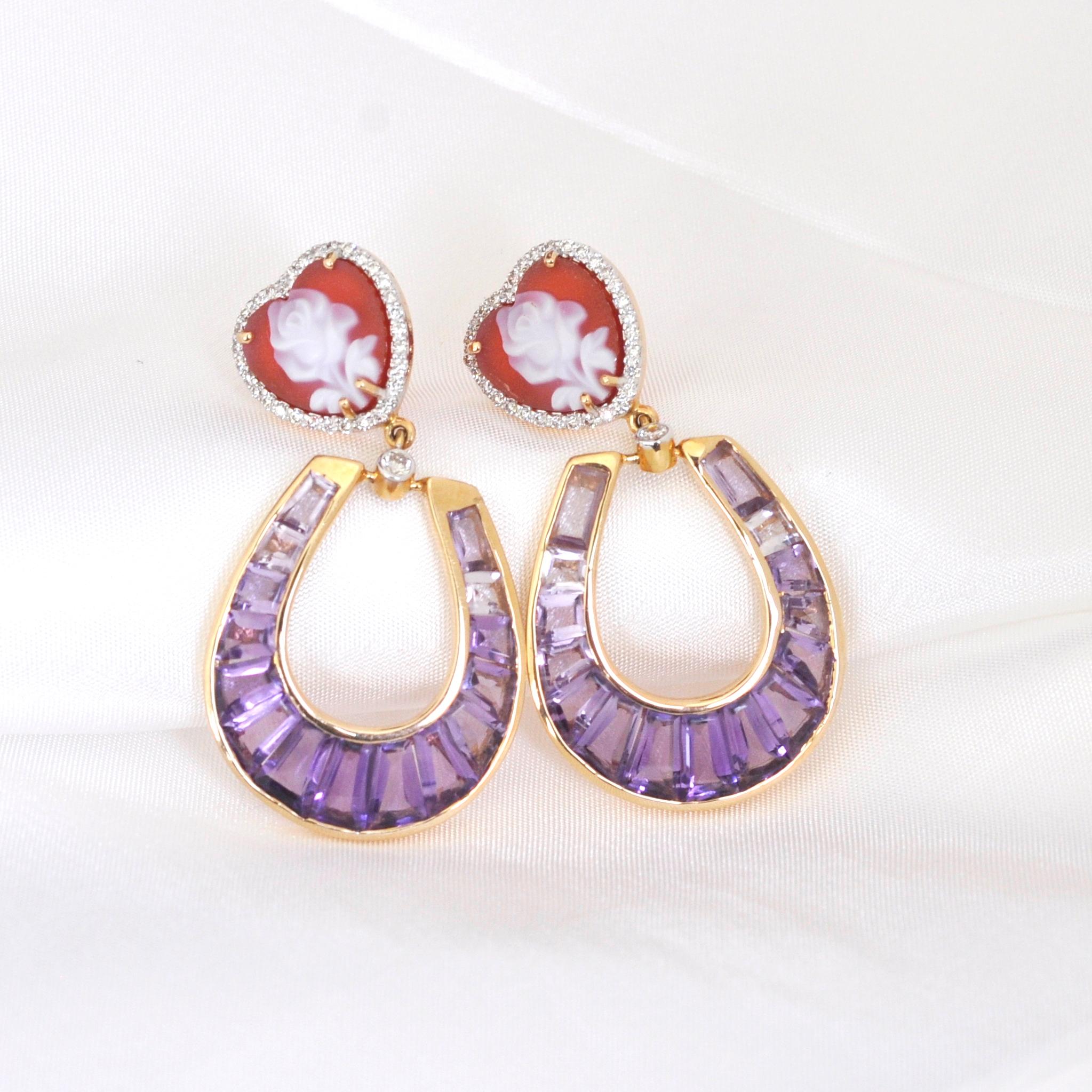 18 Karat Gold Amethyst Baguette Heart Cameo Diamond Dangling Drop Earrings For Sale 1