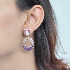 18 Karat Gold Amethyst Baguette Heart Cameo Diamond Dangling Drop Earrings