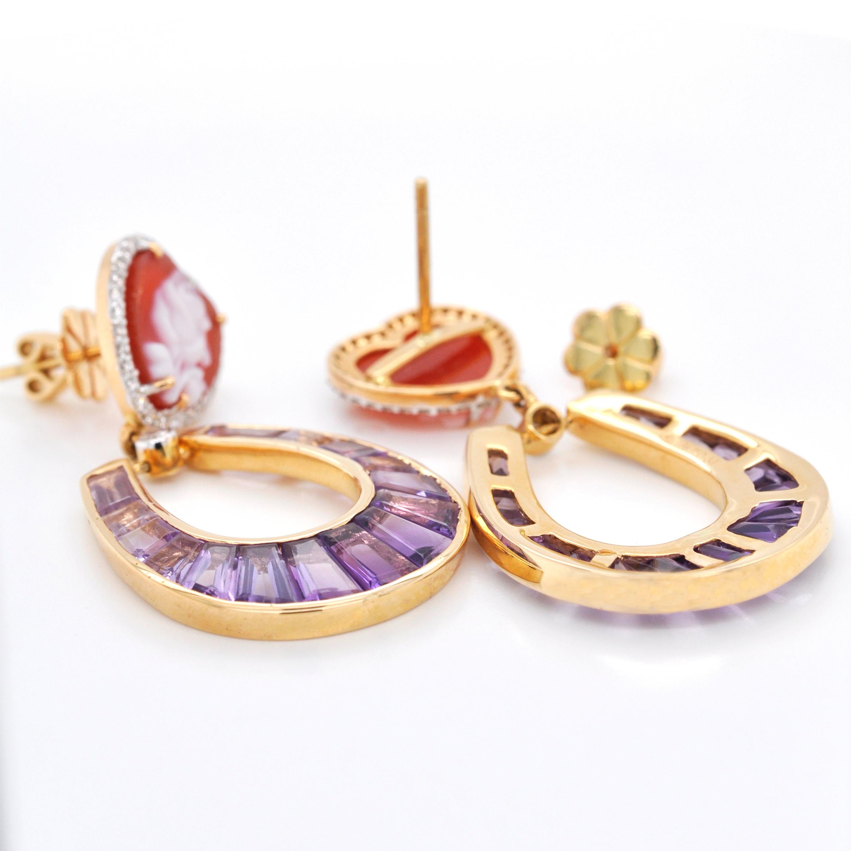 18 Karat Gold Amethyst Baguette Heart Cameo Diamond Dangling Drop Earrings For Sale 3