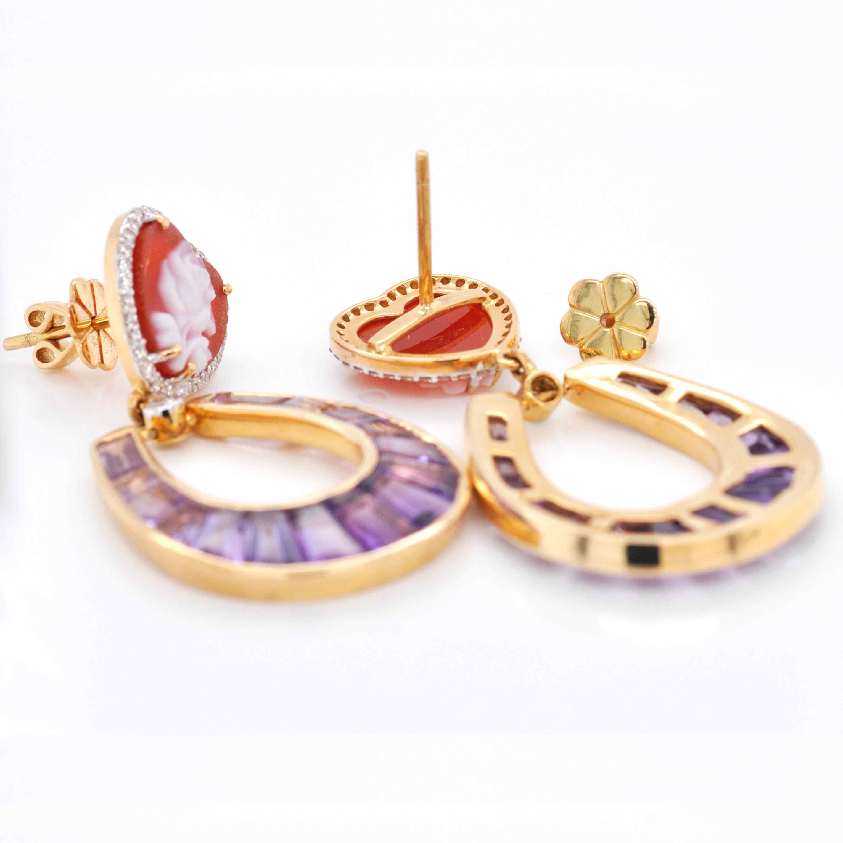 18 Karat Gold Amethyst Baguette Heart Cameo Diamond Dangling Drop Earrings For Sale 4