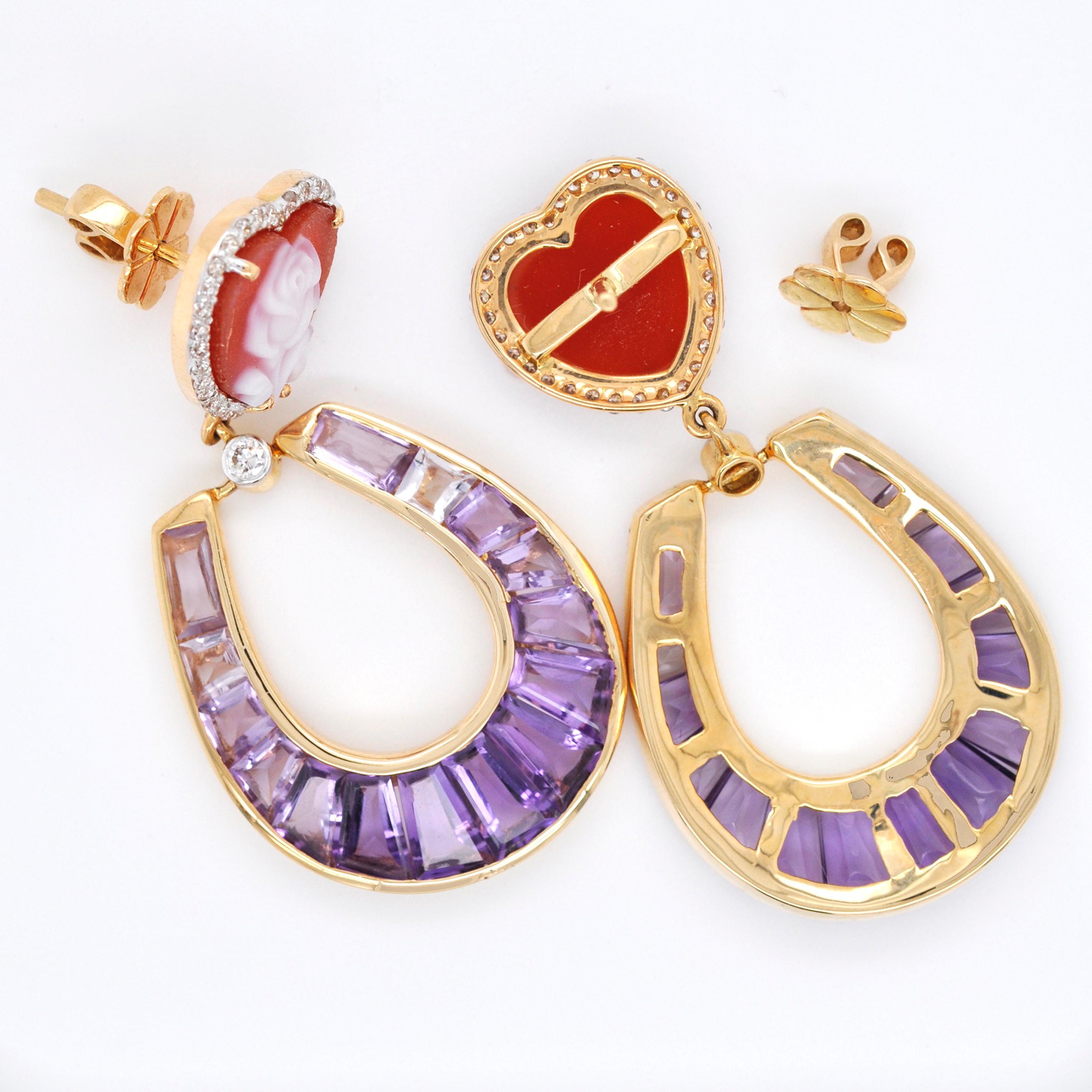 18 Karat Gold Amethyst Baguette Heart Cameo Diamond Dangling Drop Earrings For Sale 5
